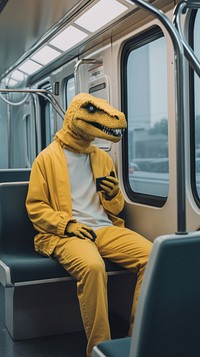  A man in dinosaur cosplay with yellow shirt in the train sitting adult representation. 