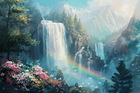 Waterfall rainbow tree landscape.