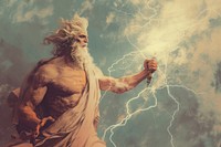 Zeus holding a lighting bold lightning outdoors storm.
