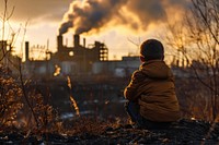 A boy sitting and watching poluted factory chimney pollution adult architecture. AI generated Image by rawpixel.