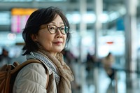Asian woman at the airport with her luggage glasses adult scarf.