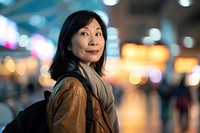 Asian woman at the airport with her luggage adult photo contemplation.