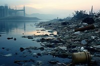 Polluted coastline with trash pollution outdoors sea. AI generated Image by rawpixel.