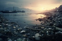 Polluted coastline with trash pollution outdoors nature. AI generated Image by rawpixel.