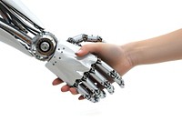 Robot hand shaking with human hand transportation electronics technology.
