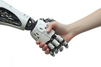Robot hand shaking with human hand finger technology appliance.