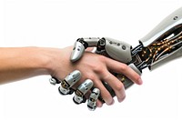 Robot hand shaking with human hand finger transportation electronics.