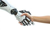 Robot hand shaking with human hand white background transportation electronics.
