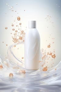 Mock up bottle of shampoo container splashing perfume.