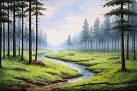 Pine tree forest in spring landscape outdoors woodland.