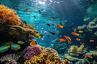 Wide angle underwater photo of coral and sea fishes animal aquarium outdoors.