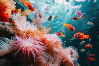 Top view underwater photo of sea fishes and corals and sea anemones animal aquarium outdoors.
