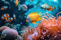 Top view underwater photo of sea fishes and corals and sea anemones animal aquarium outdoors.
