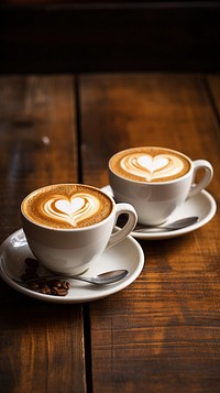  Two coffee cups placed close together with latte art hearts drink mug refreshment. 