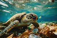 A sea turtle eating trash underwater outdoors reptile. AI generated Image by rawpixel.