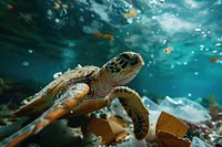 A sea turtle swim through trash underwater outdoors reptile. AI generated Image by rawpixel.