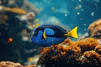 Underwater photo of blue tang animal outdoors nature.
