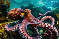 Underwater photo of full body of octopus animal marine invertebrate.