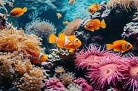 Underwater photo of sea fishes and corals and sea anemones animal aquarium outdoors.