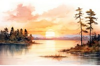 Sunset lake border landscape painting sunlight.