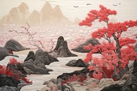 Red chinese pattern landscape painting plant.
