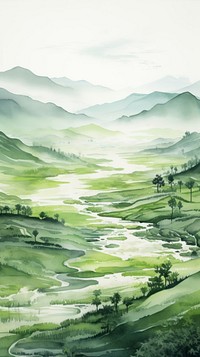 Aerial view of a rice fields in the mountains landscape outdoors painting.