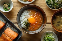 Japanese food dish set bowl egg salmon.