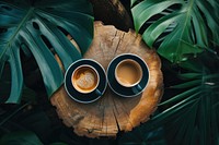 Hot coffee cups on a tree stump refreshment freshness outdoors.