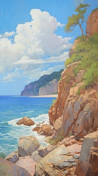 Landscape painting cliff beach.