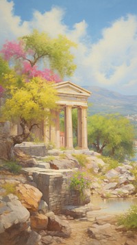 Greek temple painting vegetation outdoors.