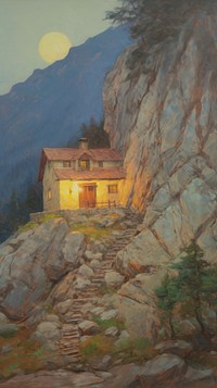 Stone house on the rocky cliff painting night architecture.