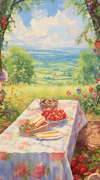 Picnic on summer field painting tablecloth vegetation.