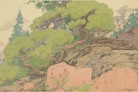 Illustration the 1970s of bonsai outdoors painting nature.