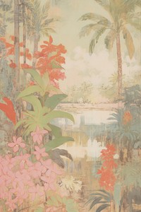 Illustration the 1970s of tropical painting pattern plant.