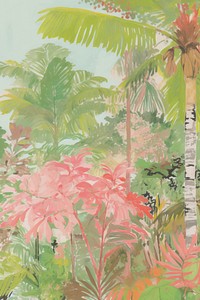 Illustration the 1970s of tropical vegetation painting outdoors.