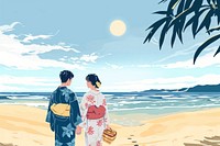 Japanese couple at the beach outdoors fashion nature.