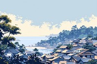 Japanese town on a small island architecture landscape building.