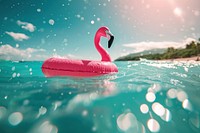 Flamingo float tube on water swimming outdoors nature.