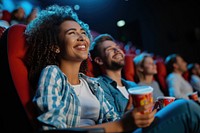 Diverse couple watching movie adult togetherness refreshment.