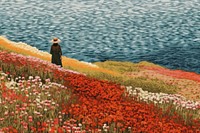 Top view women on the coastal flower fields landscape outdoors painting.