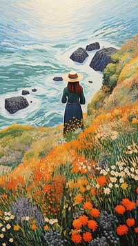 Illustration of a top view women painting flower landscape.