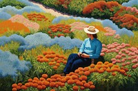 Top view a women relaxing on the flower field painting outdoors nature.