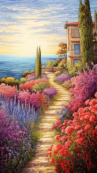 Illustration of a top view brick mansion landscape painting flower.