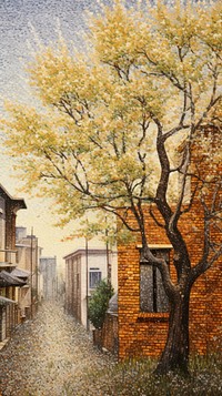 Illustration of a trees in front of a town house painting street plant.