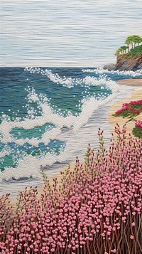 Illustration of a wave hit the rocky beach flower landscape outdoors.
