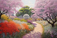 Aerial view of a park path flower outdoors painting.
