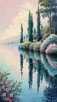 Landscape painting tree lake.