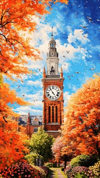 Illustration of a clock tower architecture building painting.