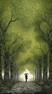 Illustration of a girl standing under the big tree outdoors painting walking.