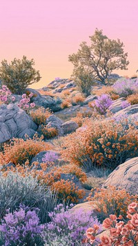 Illustration of a rocky desert hill landscape flower tree.